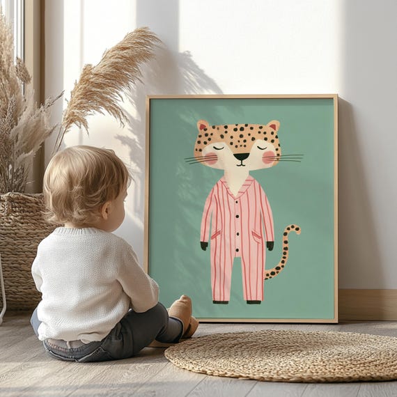 Sleepy Leopard Nursery Animal Print, Kids Room Decor
