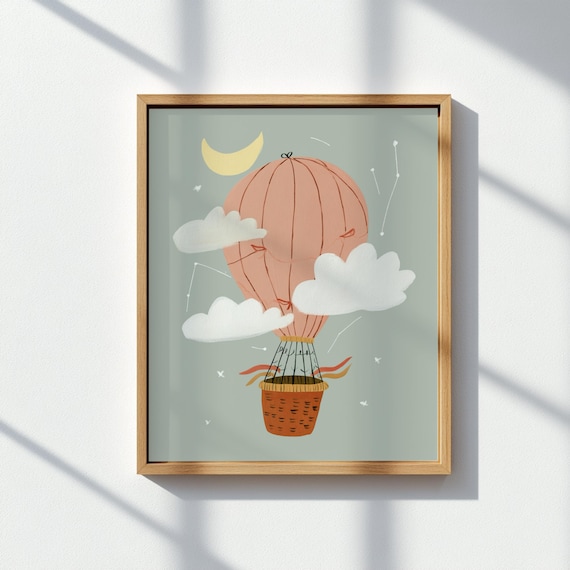 Coral Hot Air Balloon Clouds Moon Dreamy Nursery Travel Poster