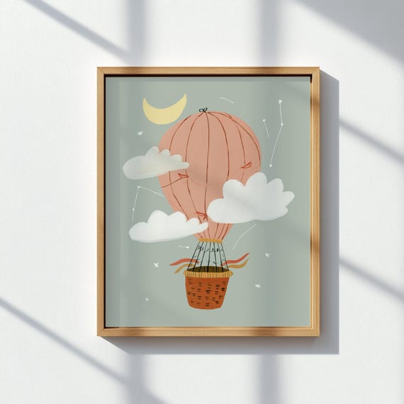 Hot Air Balloon Wall Art Nursery Dreamy Sky Print Baby Room Boho Decor Calm Whimsical Kids Poster