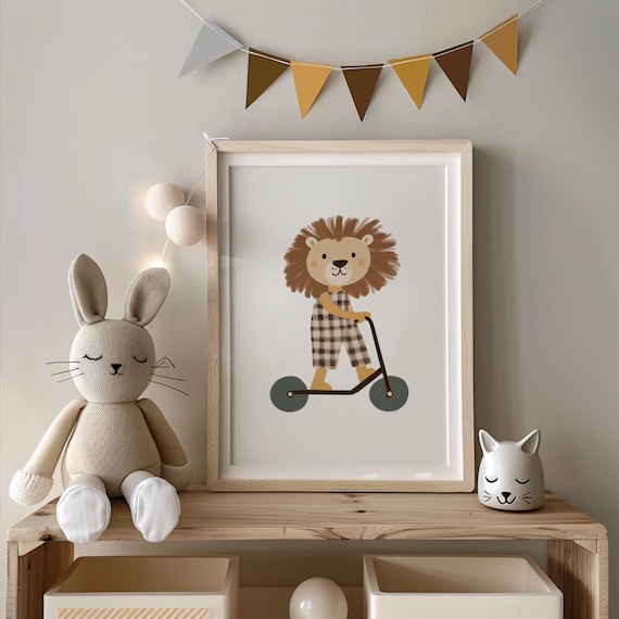 Cute Lion Riding Scooter Nursery Kids Room Illustration Poster