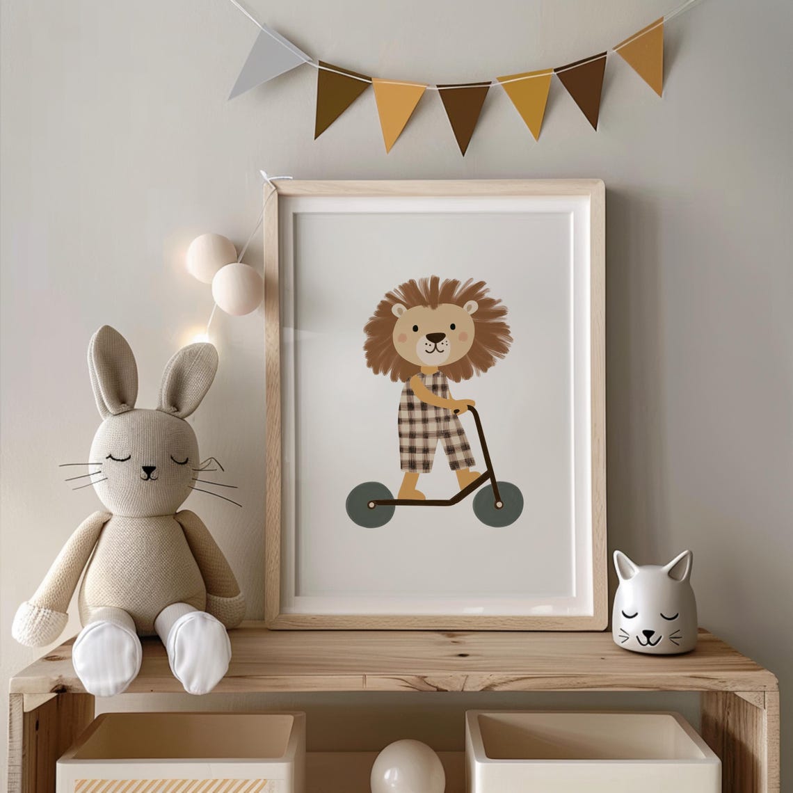 Cute Lion Riding Scooter Nursery Kids Room Illustration Poster