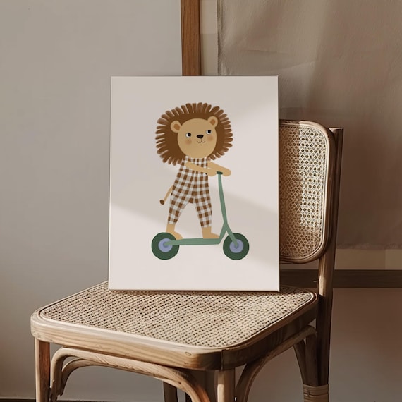 Cute Lion in Overalls Riding Kick Scooter Kids Nursery Room Poster
