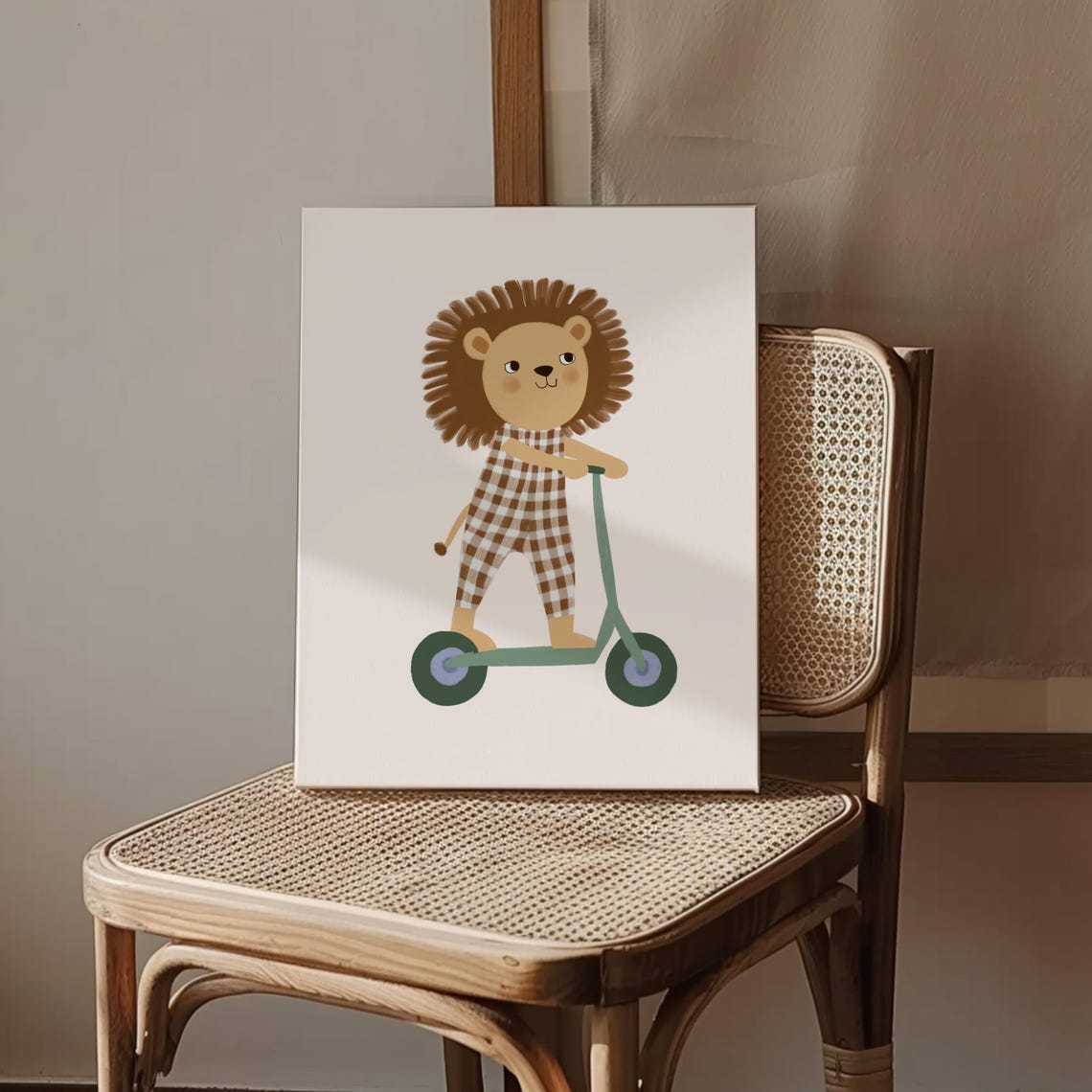 Cute Lion in Overalls Riding Kick Scooter Kids Nursery Room Poster