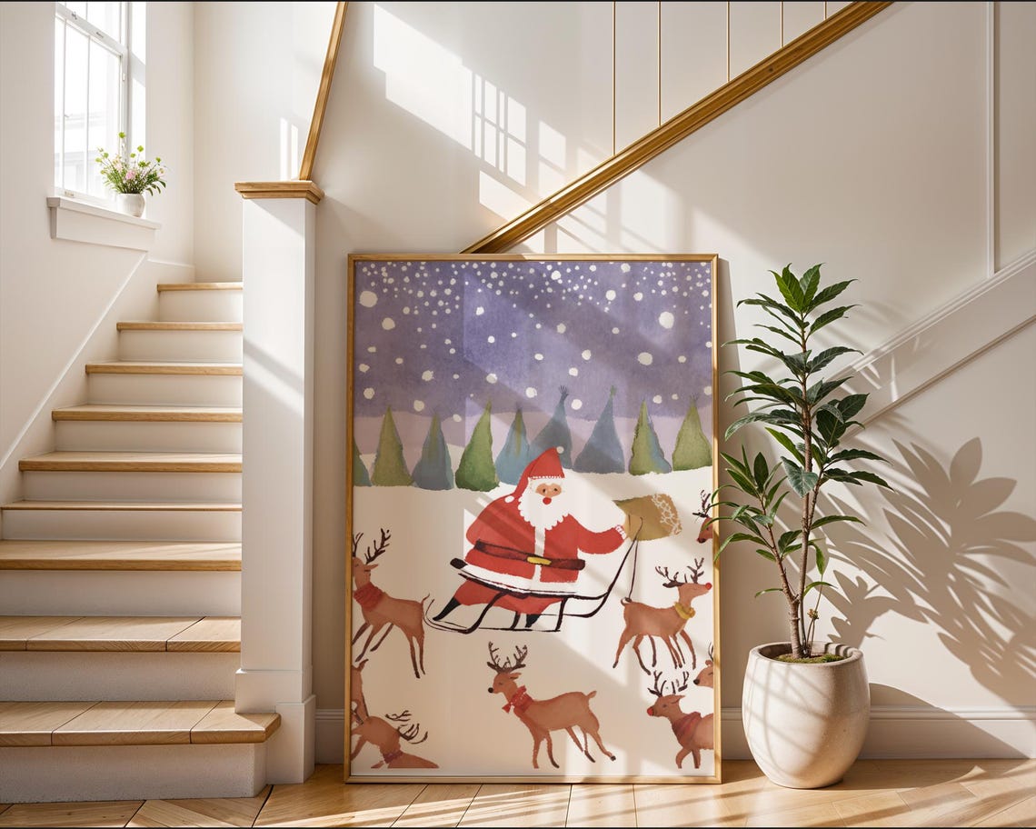 Santa Sleigh with Reindeer Poster Snowy Nordic Christmas Scene - Image 2