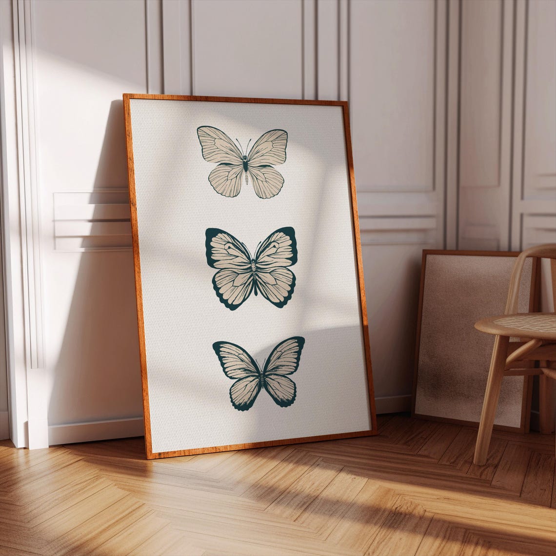 Green Butterfly Trio Poster Minimalist Botanical Wall Decor Cream - Image 3
