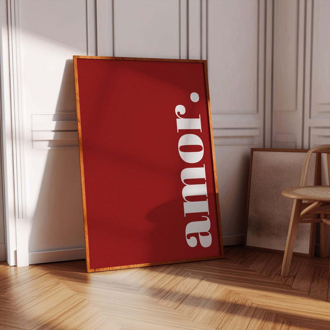 Amor Minimalist Red Poster with White Vertical Typography Decor