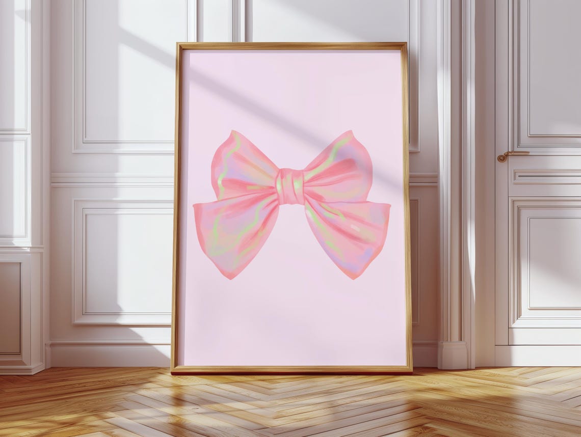 Pink Holographic Ribbon Bow Coquette Dorm Room Decor Wall Art