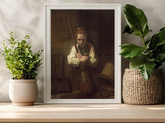 A Girl With A Broom Painting By Rembrandt Van Rijn Wall Art Famous Vintage Portrait Print Classic Fine Art Instant