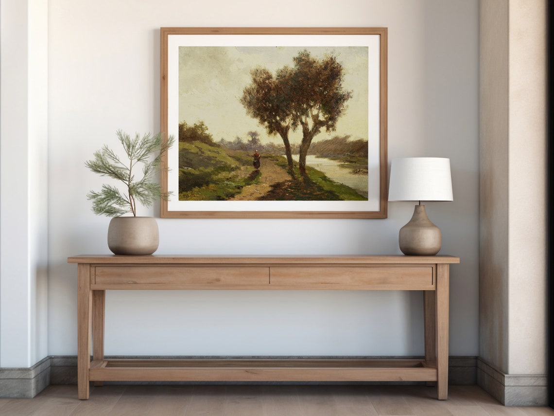 Riverside Path Twin Trees Lone Walker Quiet Barbizon Style Poster - Image 3