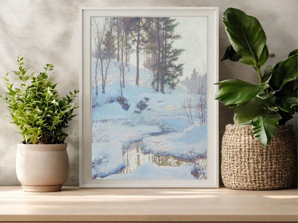 Snowy Pine Forest Stream Winter Landscape Impressionist Painting Poster - Image 4