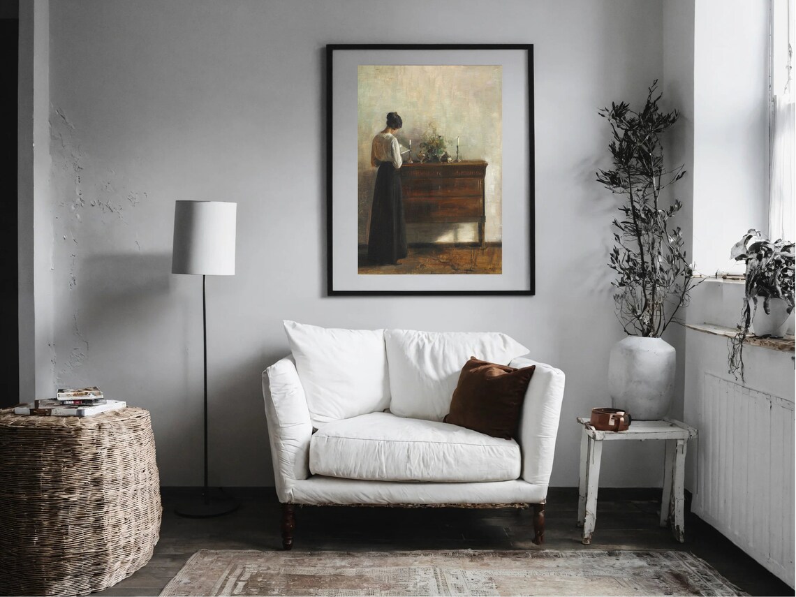 Woman Reading by Candlelight Vintage Interior Moody Art Poster - Image 4