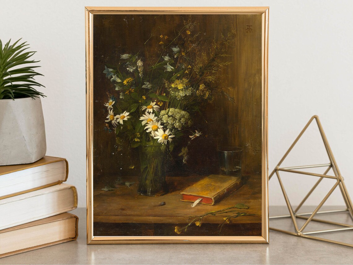 Vintage Wildflower Still Life Moody Daisies and Book Classic Print
