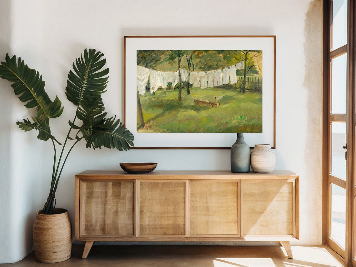 Sunlit Garden Laundry Lines Impressionist Orchard Scene Poster - Image 3