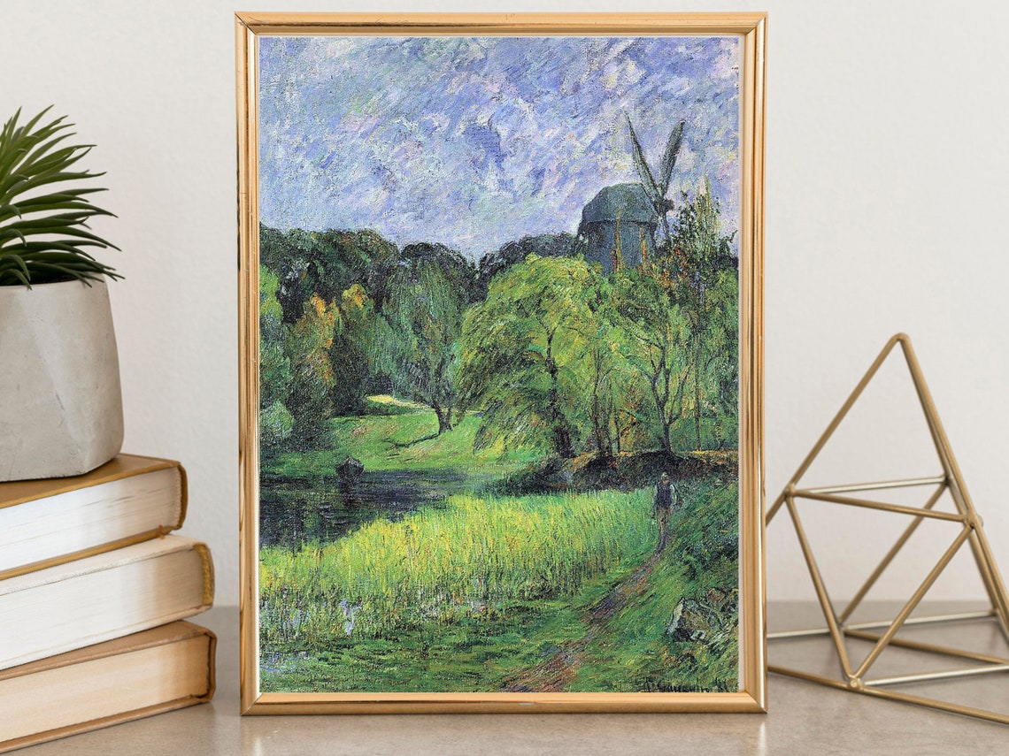 Windmill Above a Green Valley Countryside Post Impressionist Print - Image 4