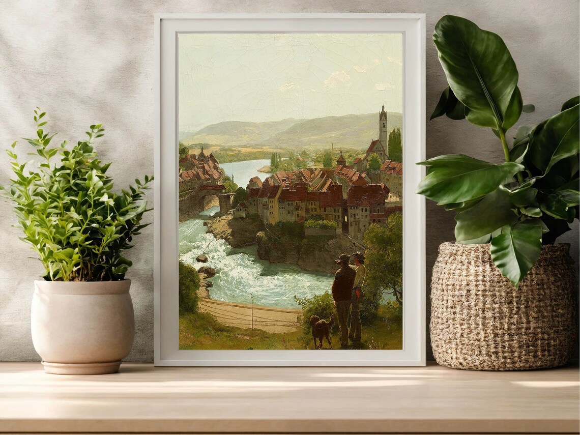 European Riverside Town Red Roofs Two Men Dog Overlook Vintage Poster - Image 3