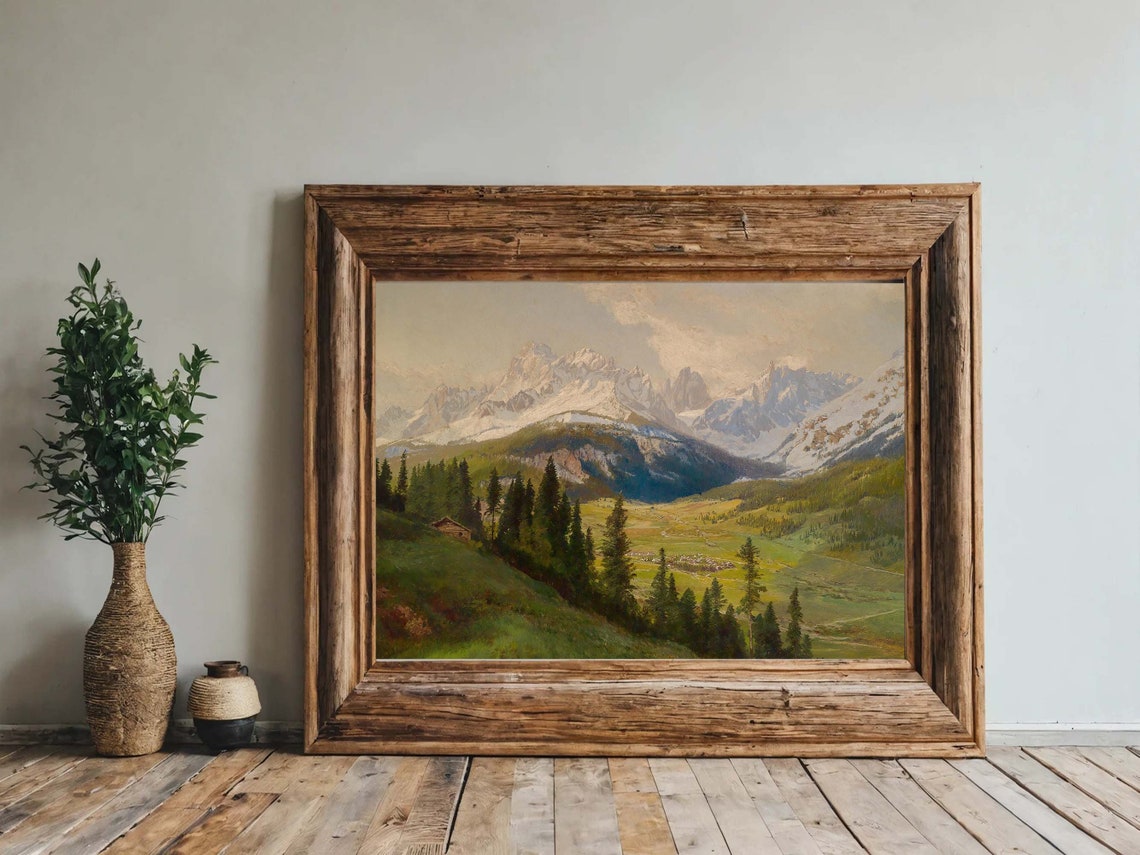 Snowy Alpine Mountain Landscape Vintage Rustic Valley Poster