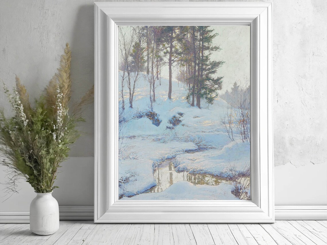 Snowy Pine Forest Stream Winter Landscape Impressionist Painting Poster - Image 8