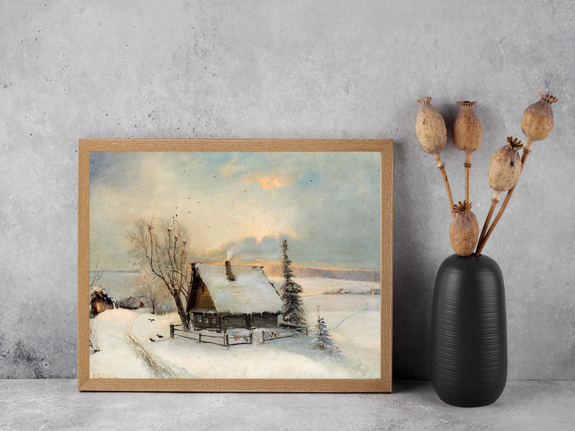 Snow Covered Cottage Winter Landscape Birds at Sunset Poster - Image 4
