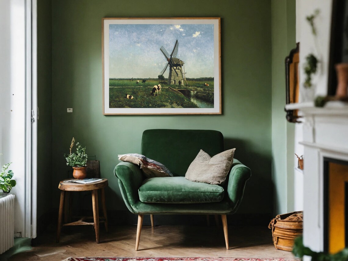 Dutch Windmill Cows Grazing Vintage Countryside Meadow Poster - Image 2