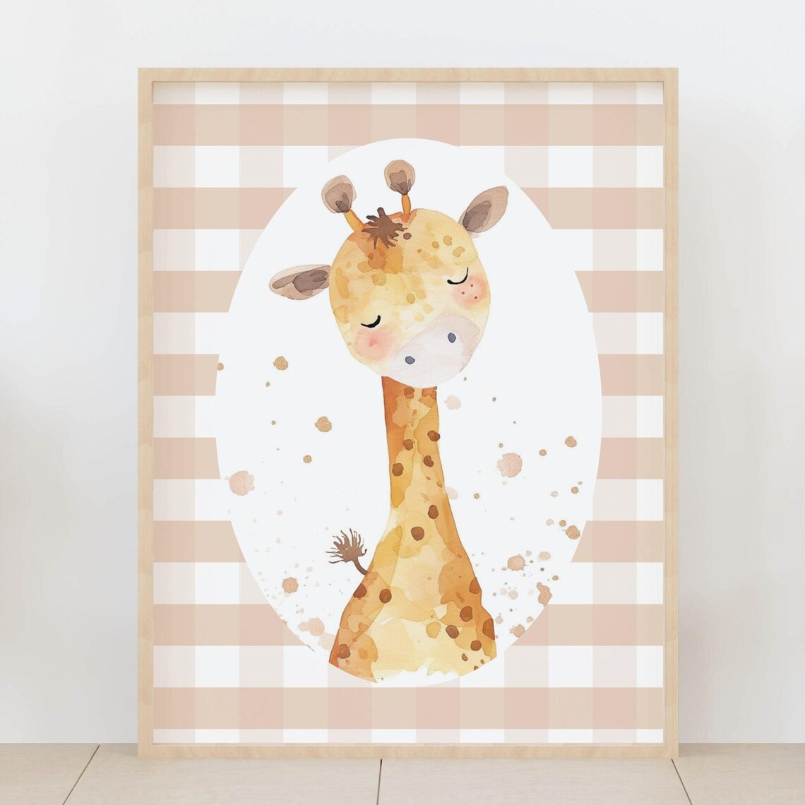 Sleeping Baby Giraffe Watercolor Gingham Nursery Wall Poster