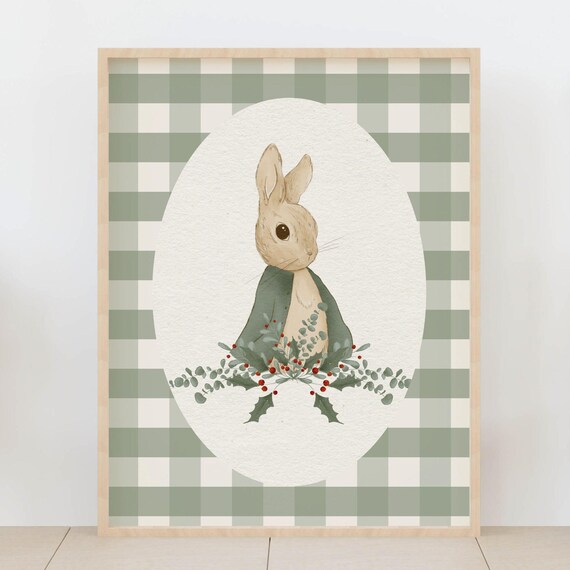Gingham Bunny Eucalyptus Farmhouse Nursery Rabbit Decor Art Print