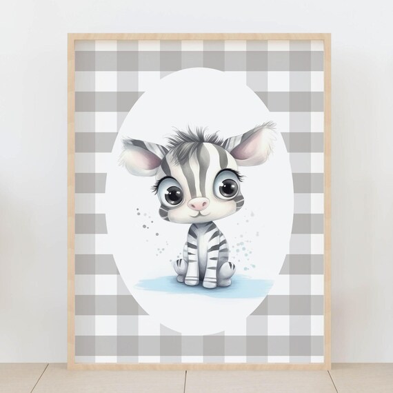 Baby Zebra Nursery Poster Grey Gingham Safari Jungle Animal Room Decor