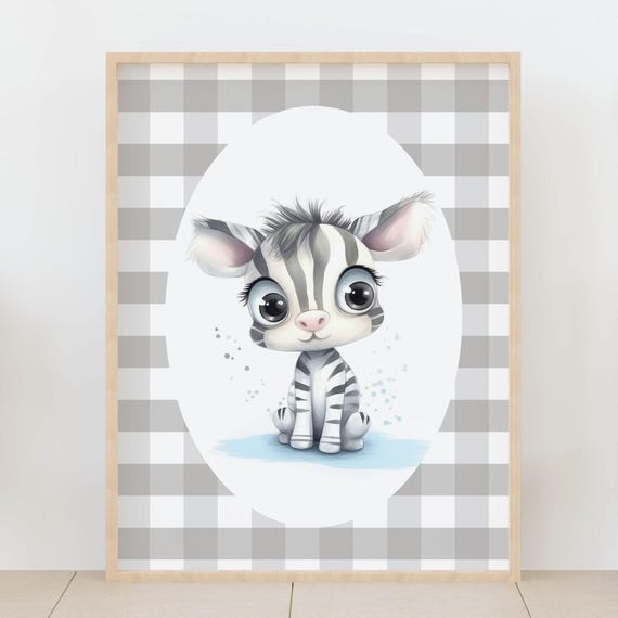 Gingham Animal Print Of Baby Zebra Safari Nursery Decor Cute Kids Room Jungle Theme Playroom Art