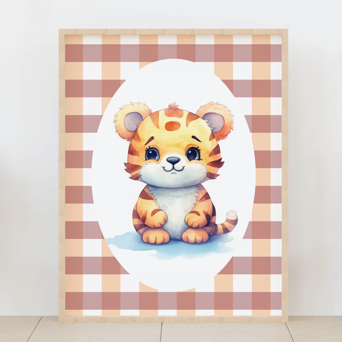 Baby Tiger Nursery Poster Terracotta Gingham Safari Jungle Cub Decor