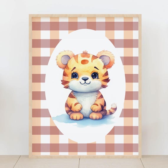 Gingham Animal Print Of Baby Tiger Safari Nursery Decor Jungle Kids Room Cute Playroom Artwork