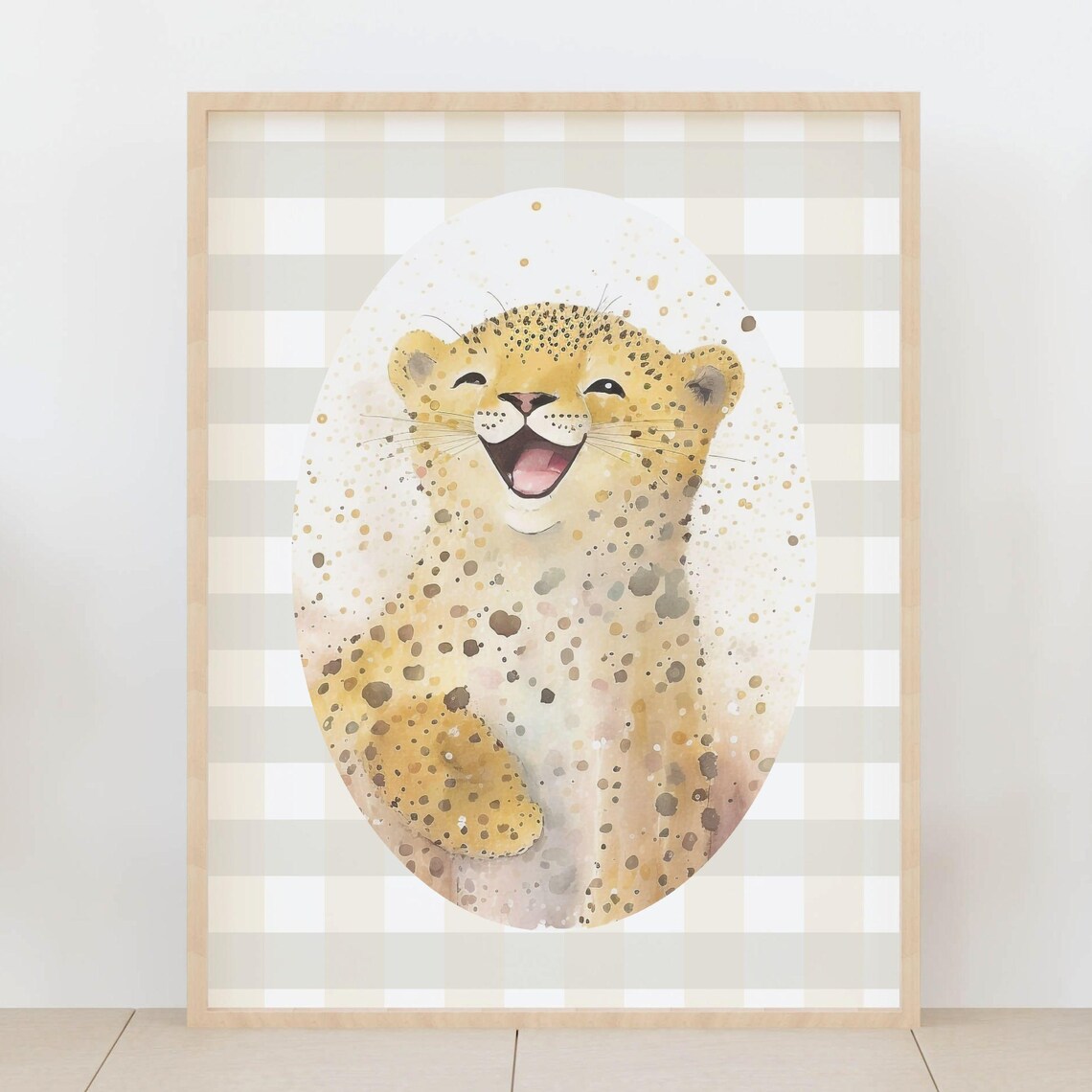 Smiling Baby Cheetah Cub Watercolor Gingham Nursery Room Poster