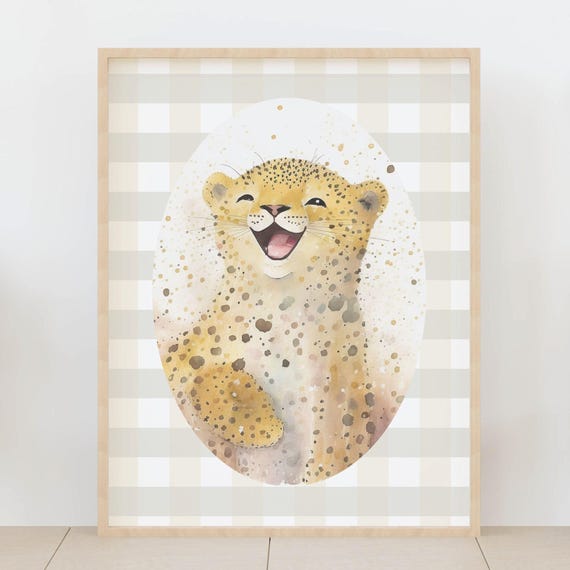 Gingham Animal Print Of Baby Cheetah Safari Jungle Poster Watercolor Cub Kids Room Decor