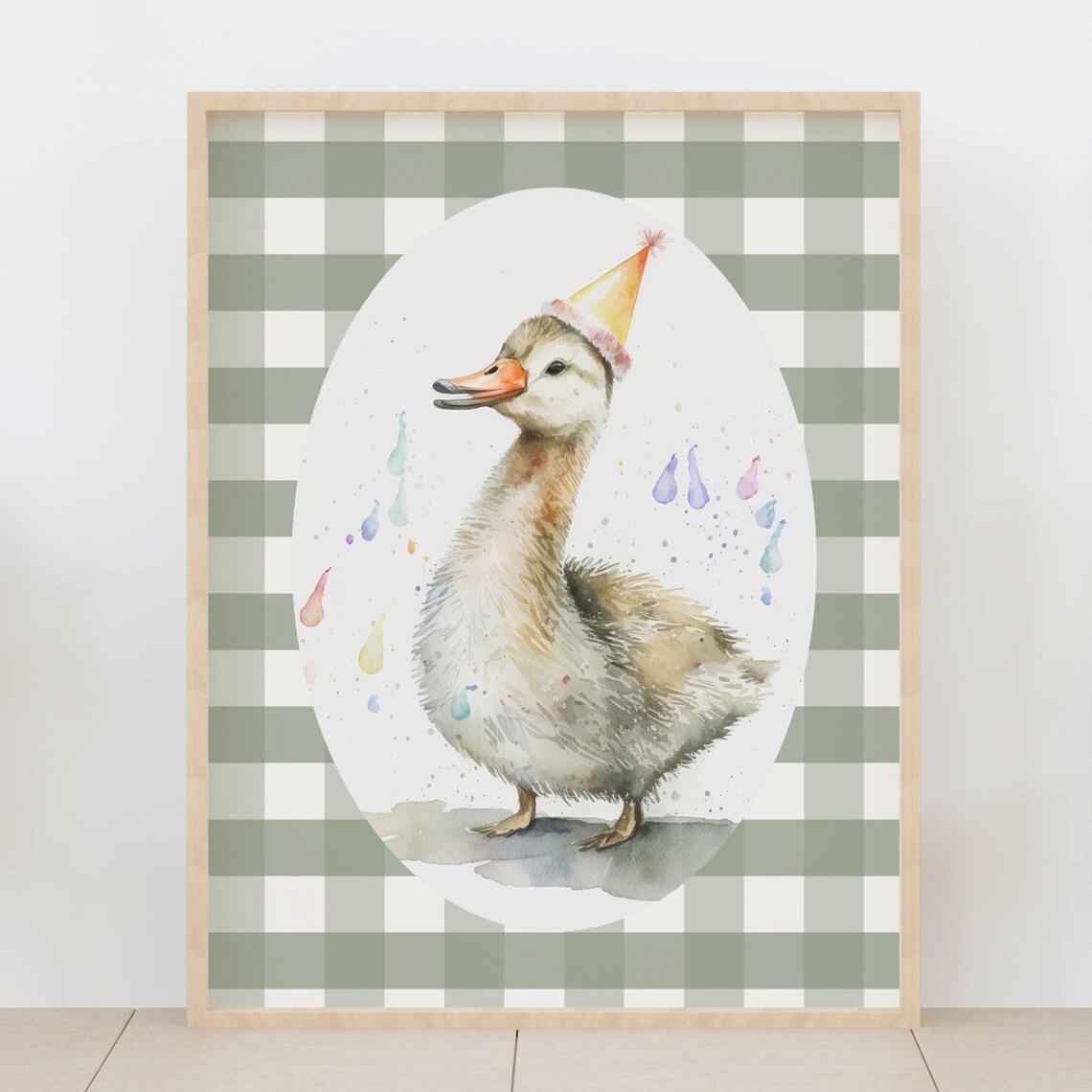 Duckling Party Hat Nursery Poster Sage Gingham Baby Room Cute Decor