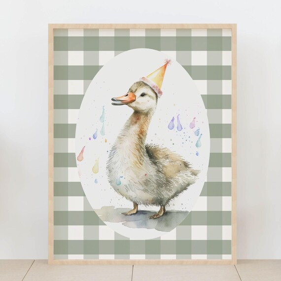 Duckling Party Hat Nursery Poster Sage Gingham Baby Room Cute Decor