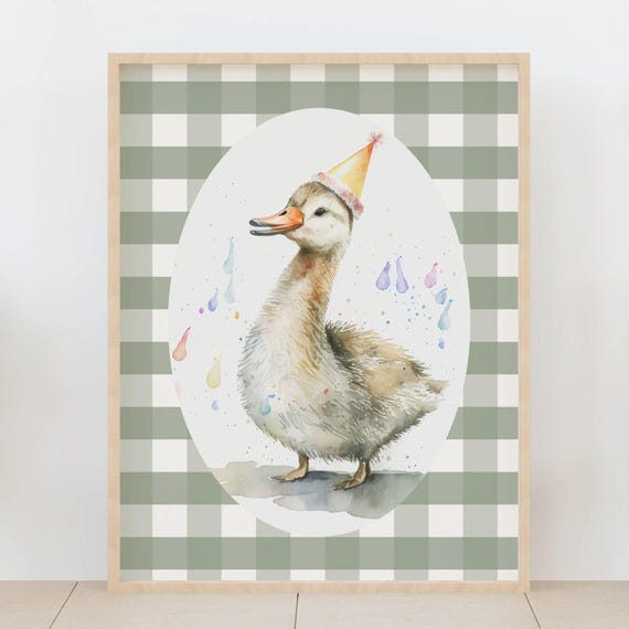 Gingham Duckling Wall Art Print Sage Green Farm Animal Nursery Decor Rustic Baby Shower Gift Country Cottage Kids Room