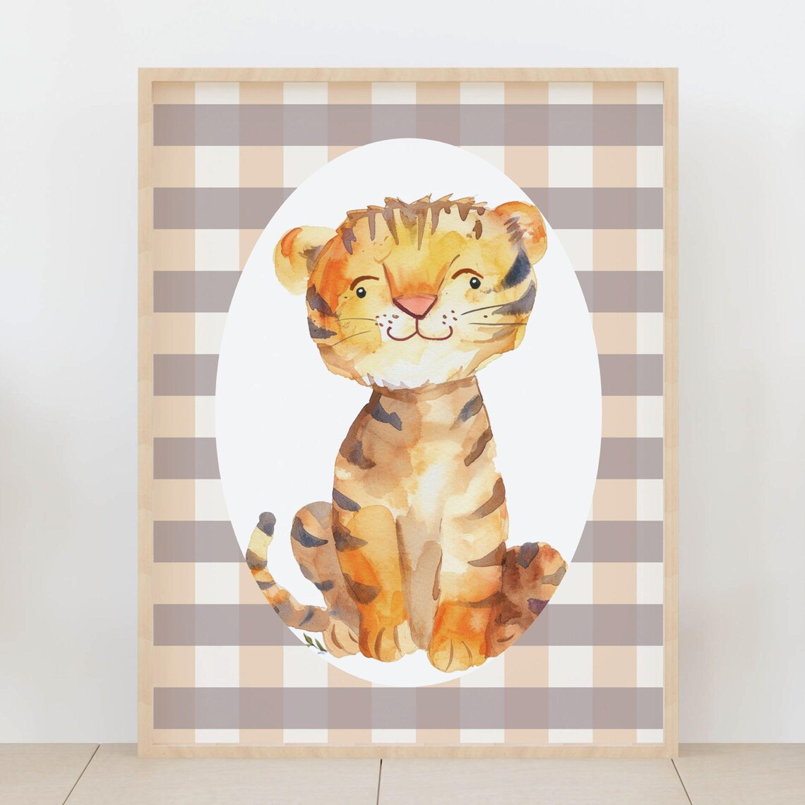 Baby Tiger Cub Watercolor Gingham Safari Nursery Room Poster