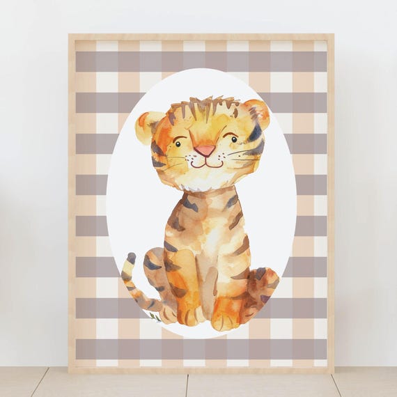 Gingham Animal Print Of A Tiger Safari Nursery Jungle Decor Baby Kids Room Cub Artwork Poster