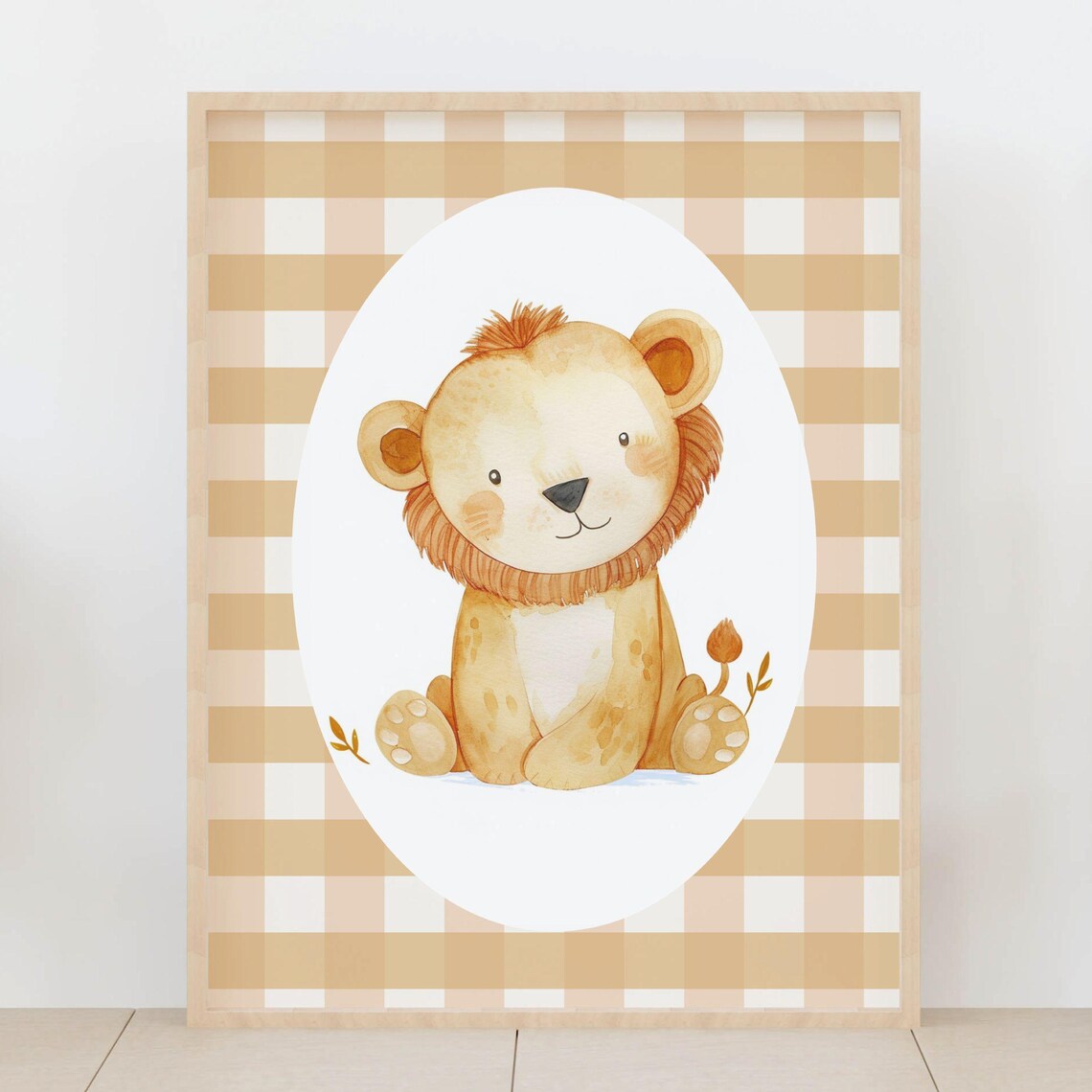 Baby Lion Nursery Poster Tan Gingham Safari Jungle Cub Animal Decor