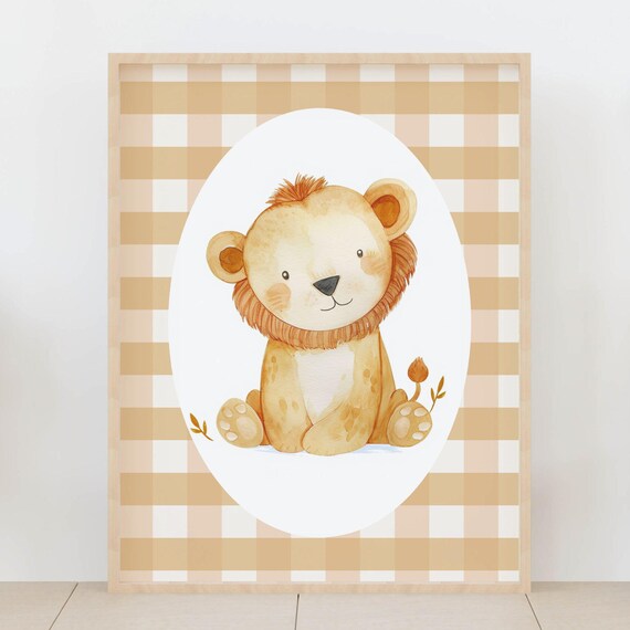 Baby Lion Nursery Poster Tan Gingham Safari Jungle Cub Animal Decor