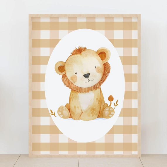 Gingham Animal Print Of Baby Lion Safari Nursery Jungle Decor Cute Kids Room Cub Artwork Poster