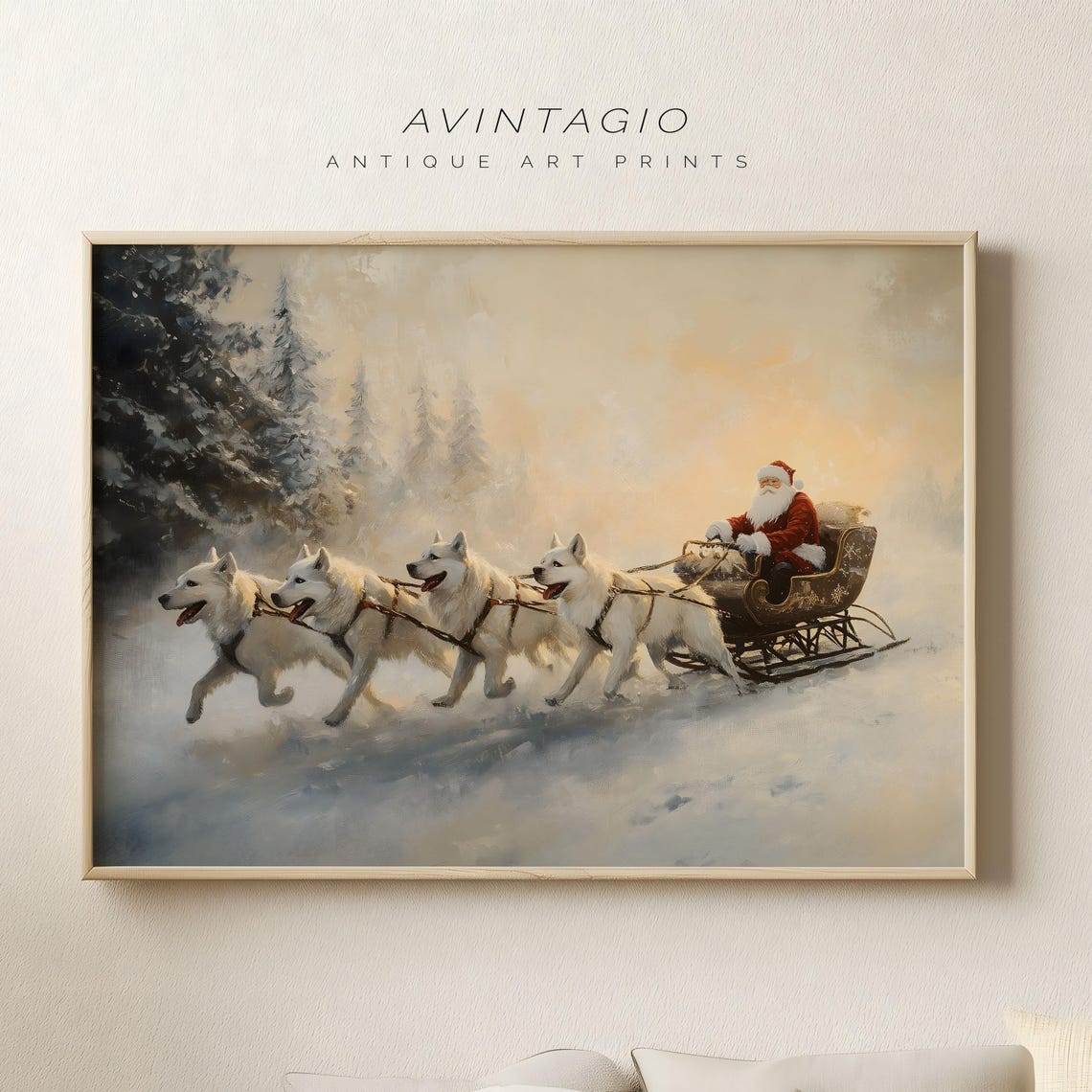 Santa Claus Dog Sled Team with Huskies in Snowy Forest Poster