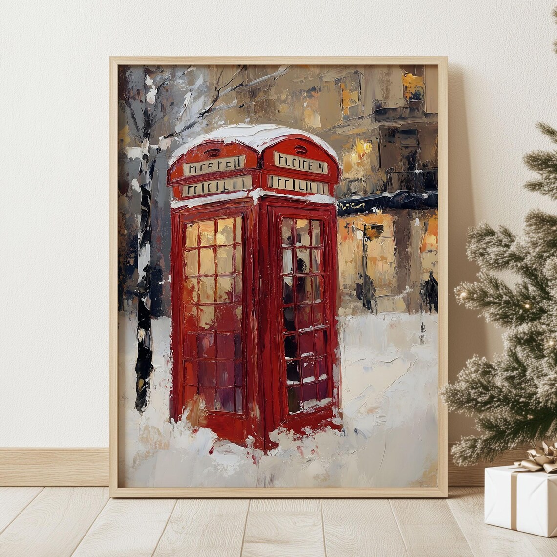 Snowy Red Telephone Box Vintage Winter City Street Oil Painting Poster - Image 2