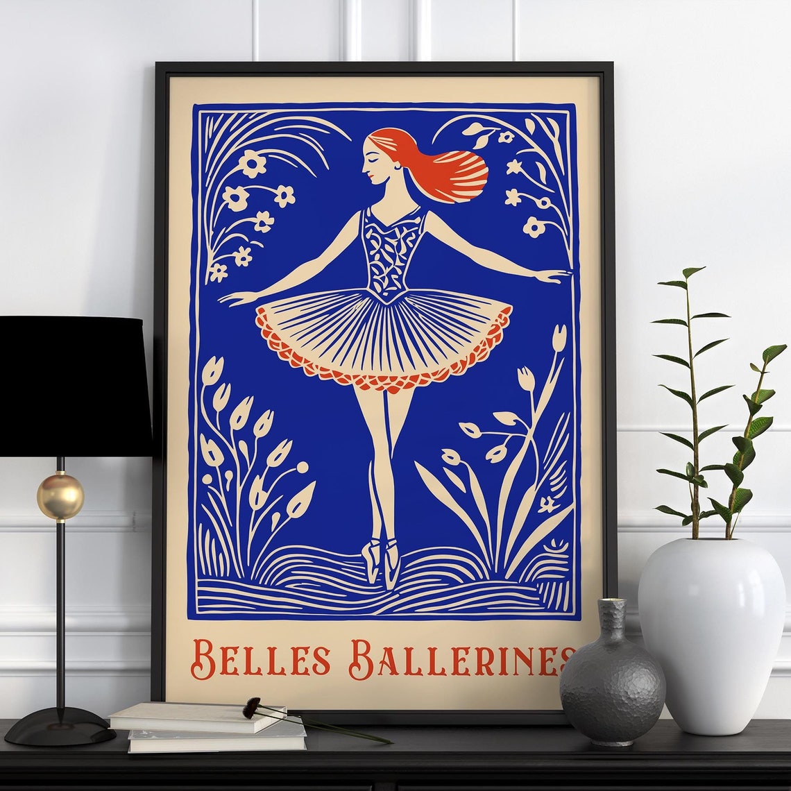 Stunning Belles Ballerines Cobalt Blue Linocut Dancer Poster