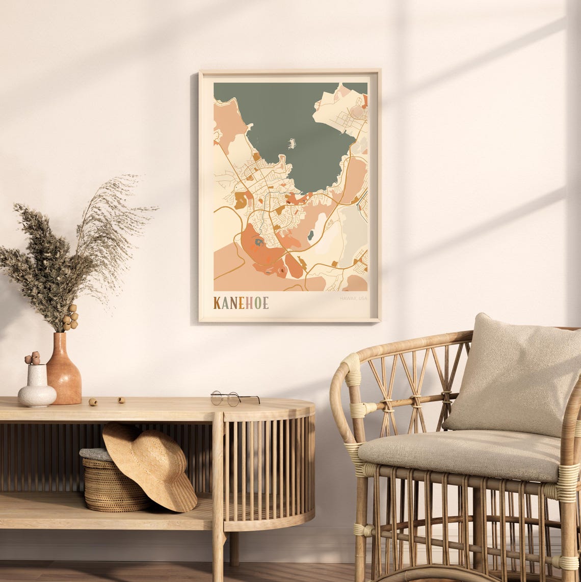Kaneohe Hawaii Colorful Retro Coastal City Map Poster Boho Wall Decor - Image 2