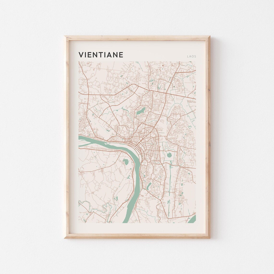Vientiane Map Poster Print Wall Art Laos Travel Gift Scandi