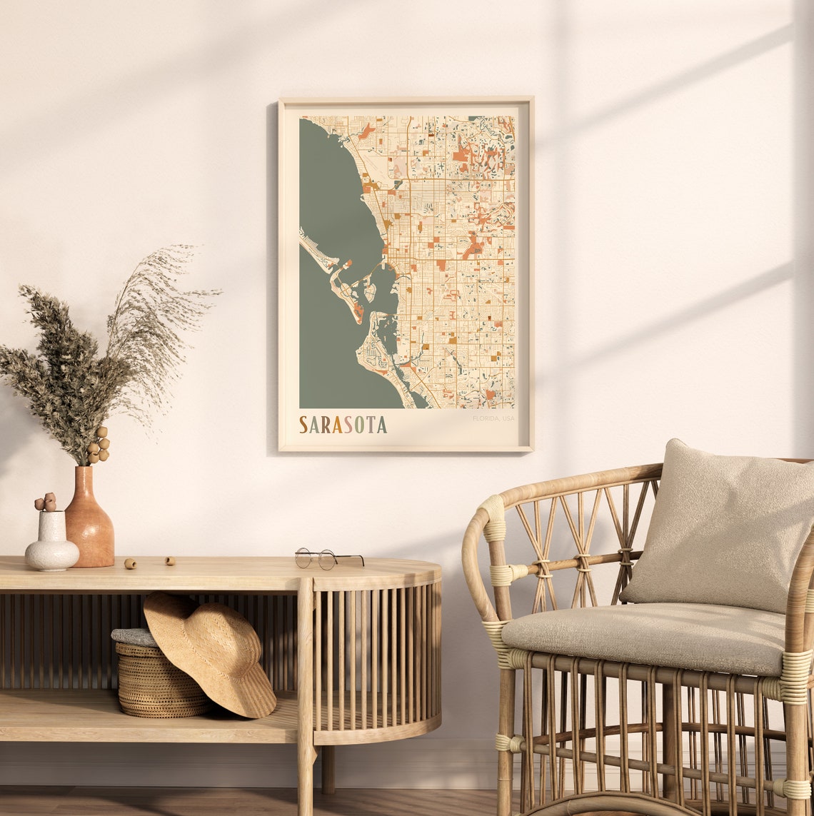 Sarasota Florida City Map Poster Warm Retro Street Map Home Decor - Image 2