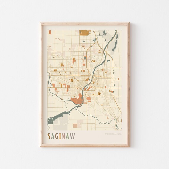 Saginaw Michigan Retro Warm Earth Tone Vintage City Street Map Poster