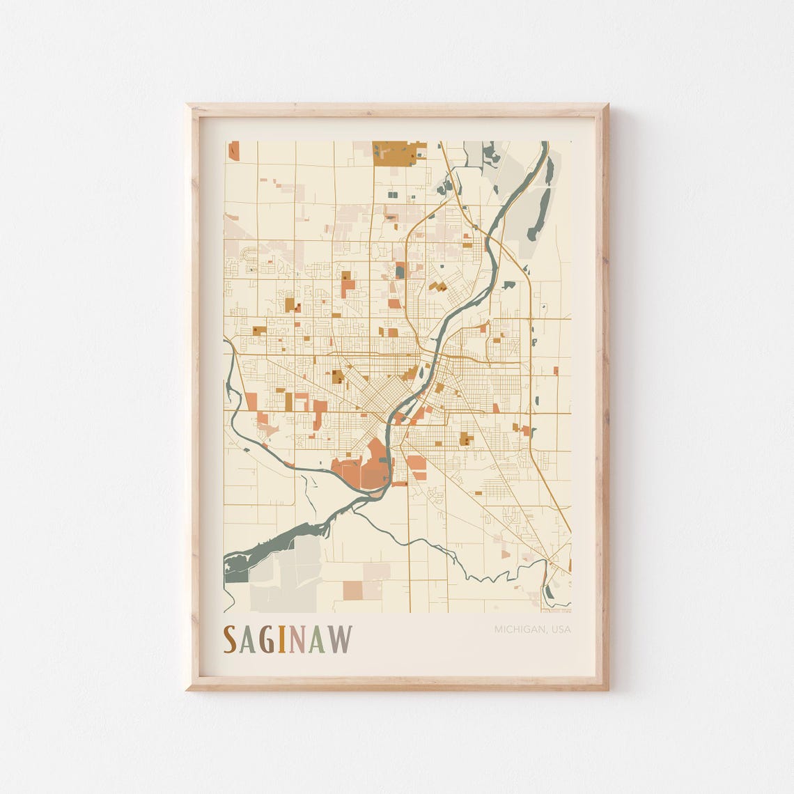 Saginaw Michigan Retro Warm Earth Tone Vintage City Street Map Poster