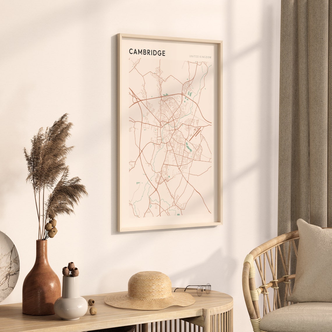 Cambridge City Map Poster Minimalist Copper Line United Kingdom Decor - Image 3