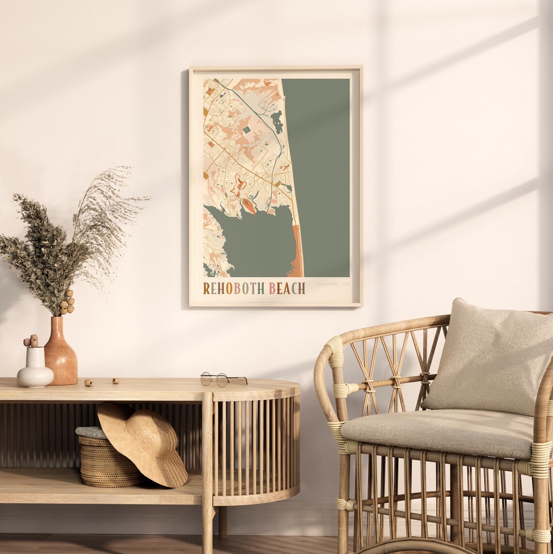 Rehoboth Beach Delaware Colorful Modern Boho City Street Map Decor Poster - Image 2