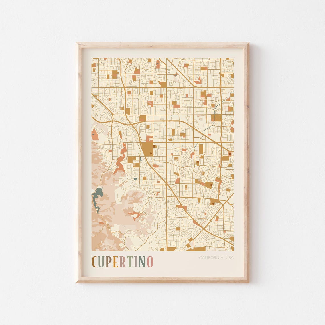 Cupertino California Warm Tones City Map Poster for Living Room Decor